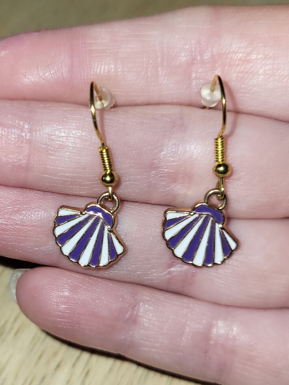 Gold Tone Purple And White Striped Sea Shell Earrings
